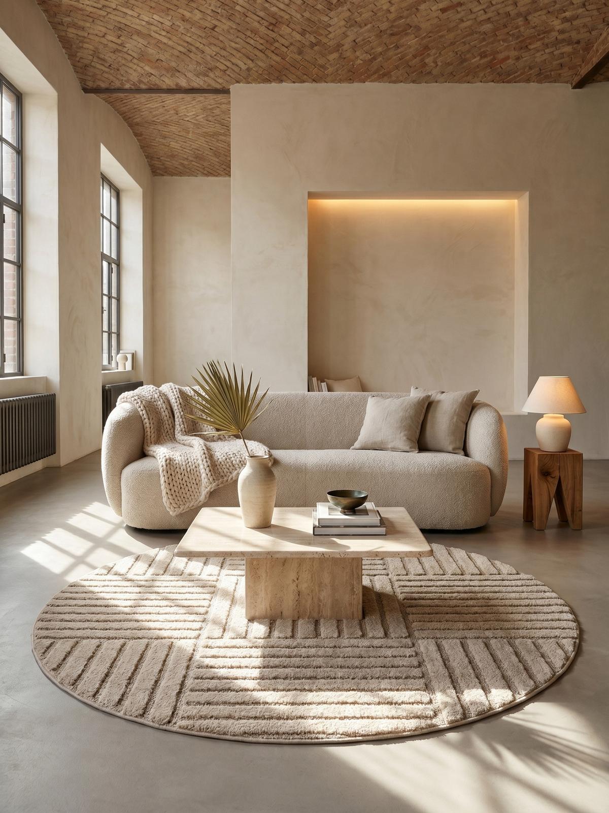 TEPPICH Hochflor RIGI in Beige, mit Cord-Streifen-Patchwork, Ø 120 cm - Beige, Textil (120/120cm) - KADIMA DESIGN