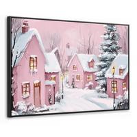 LEINWAND Bilder mit Rahmen - Weihnachtsdorf - Rosa - Winter - Schnee - Häuser - 150x100 - Altrosa, Textil (150/100cm) - MuchoWow