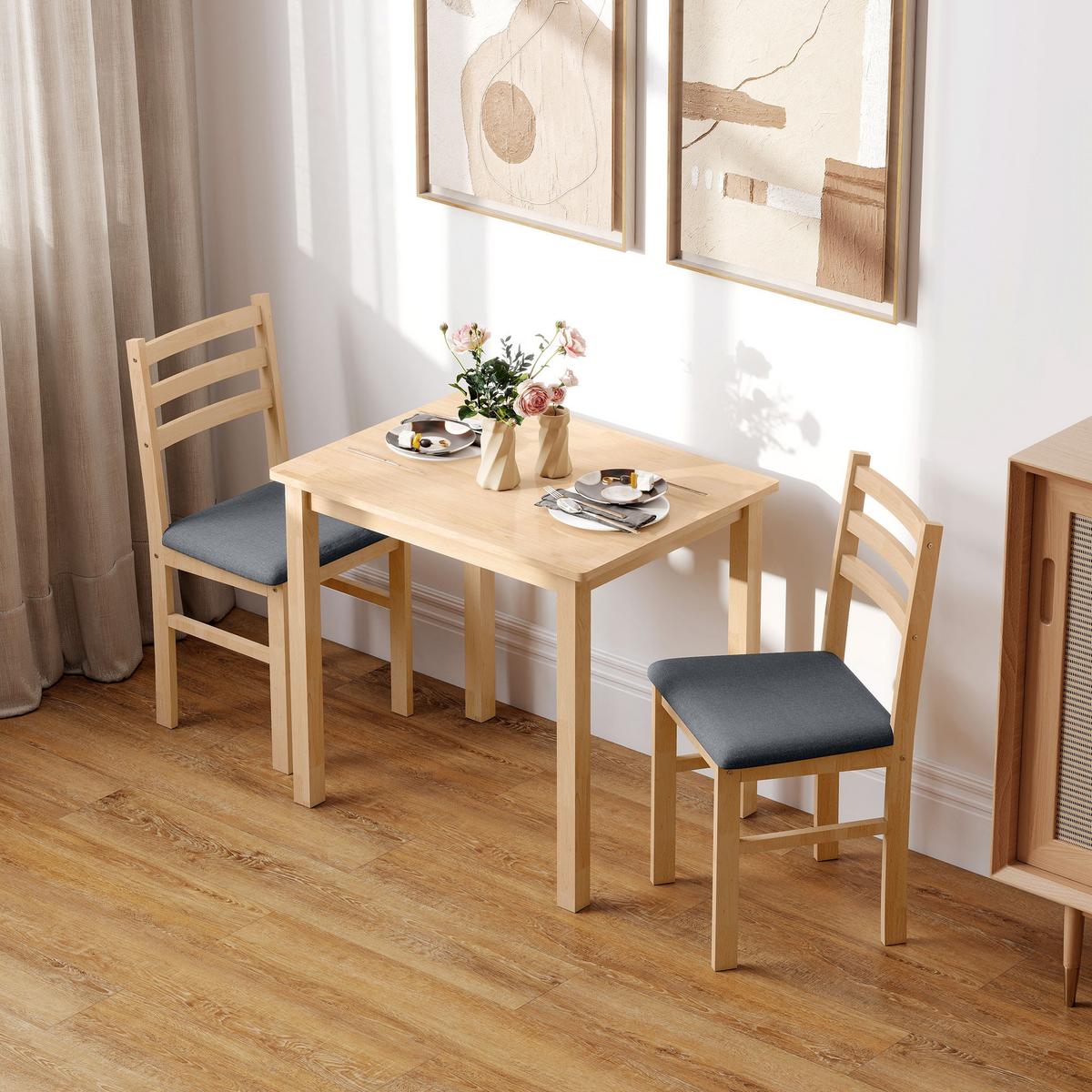 ESSGRUPPE 3er Set Kautschukholz MDF Naturholz - Naturfarben/Grau, Holz/Textil (60/74.5/80cm) - HOMCOM