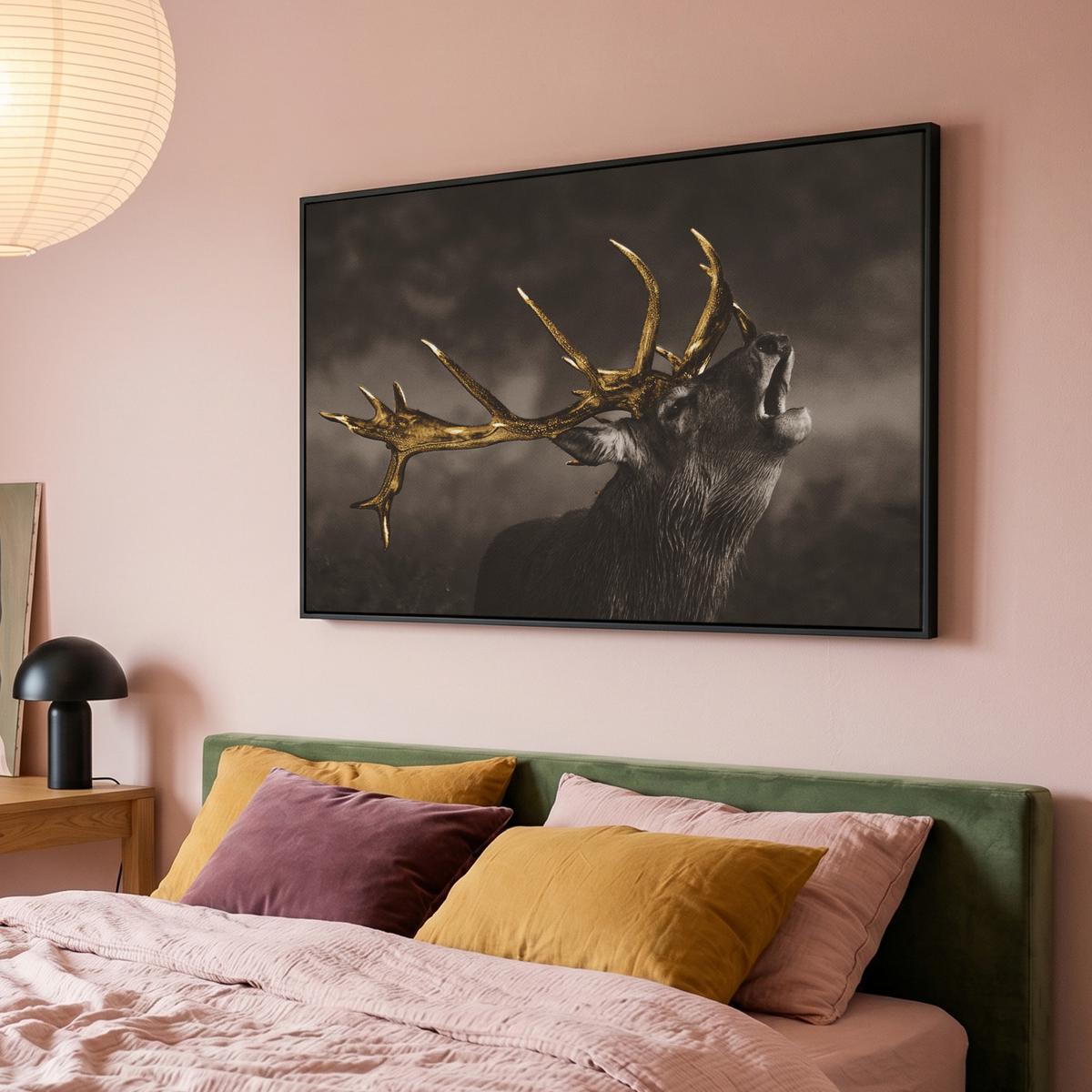 LEINWAND Bilder mit Rahmen - Rotwild - Schwarz - Gold - 140x90 - Braun, Textil (140/90cm) - MuchoWow