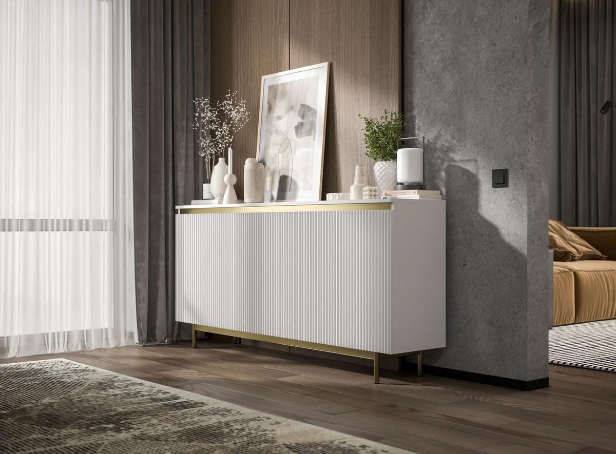 KOMMODE Selene 3D Weiß matt 167 cm mit goldenem Metallrahmen - Goldfarben/Weiß, Holzwerkstoff/Metall (167/79/35cm) - Meble Lindner