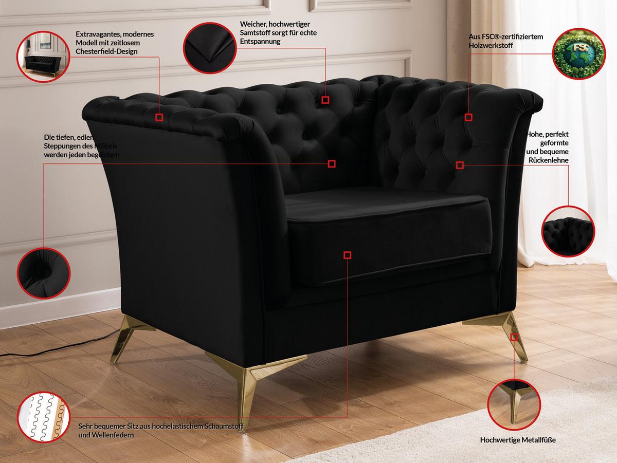 CHESTERFIELD-SESSEL Whitby Schwarz Samt mit goldenen Füßen - Goldfarben/Schwarz, Holz/Textil (116/78/82cm) - S-Style Möbel