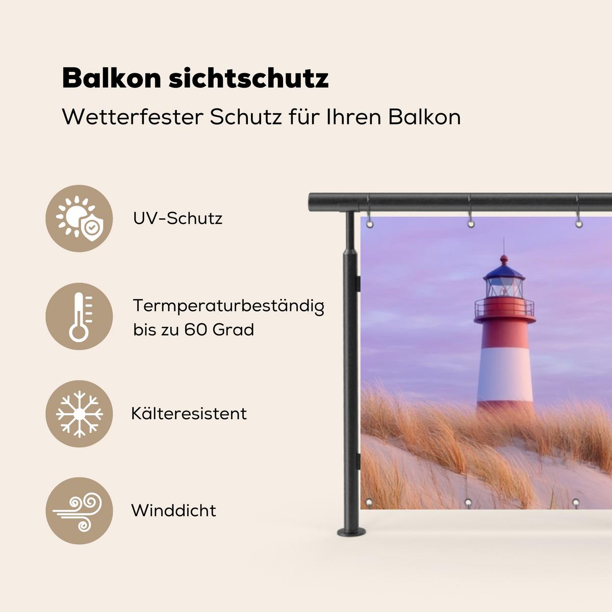 BALKON-SICHTSCHUTZ Leuchtturm - Dünen - Sonnenuntergang Witterungsbeständig 300x80 cm - Hellrosa, Kunststoff (300/80cm) - MuchoWow