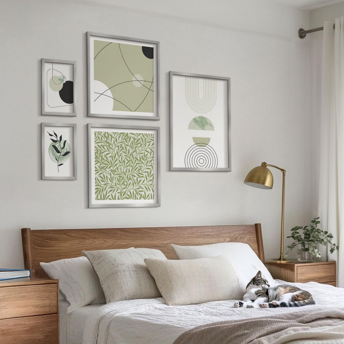 BILDER SET 5er Set - 50x50 cm & 20x30 cm & 40x60 cm Silberner Rahmen - Abstrakte Pflanzenmotive - Silberfarben, Kunststoff (40/60cm) - TULUP