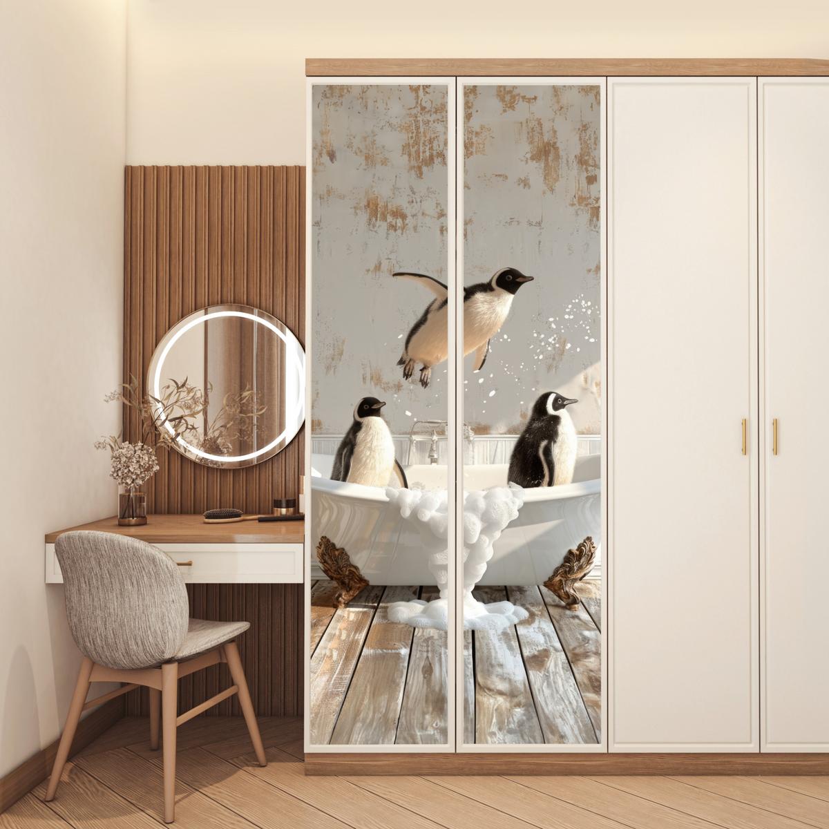 TÜRAUFKLEBER Vintage - Pinguin - Badewanne - Schaumstoff 90x235 cm - Türtapete - Hellbraun, Kunststoff (90/0.1cm) - MuchoWow
