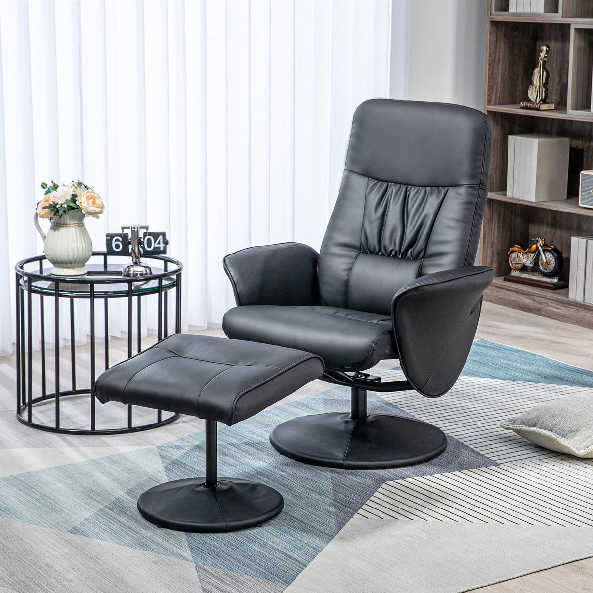 RELAXSESSEL mit Hocker, Fernsehsessel, TV Sessel mit Liegefunktion, Kunstleder - Schwarz, Metall (76/101/81cm) - HOMCOM