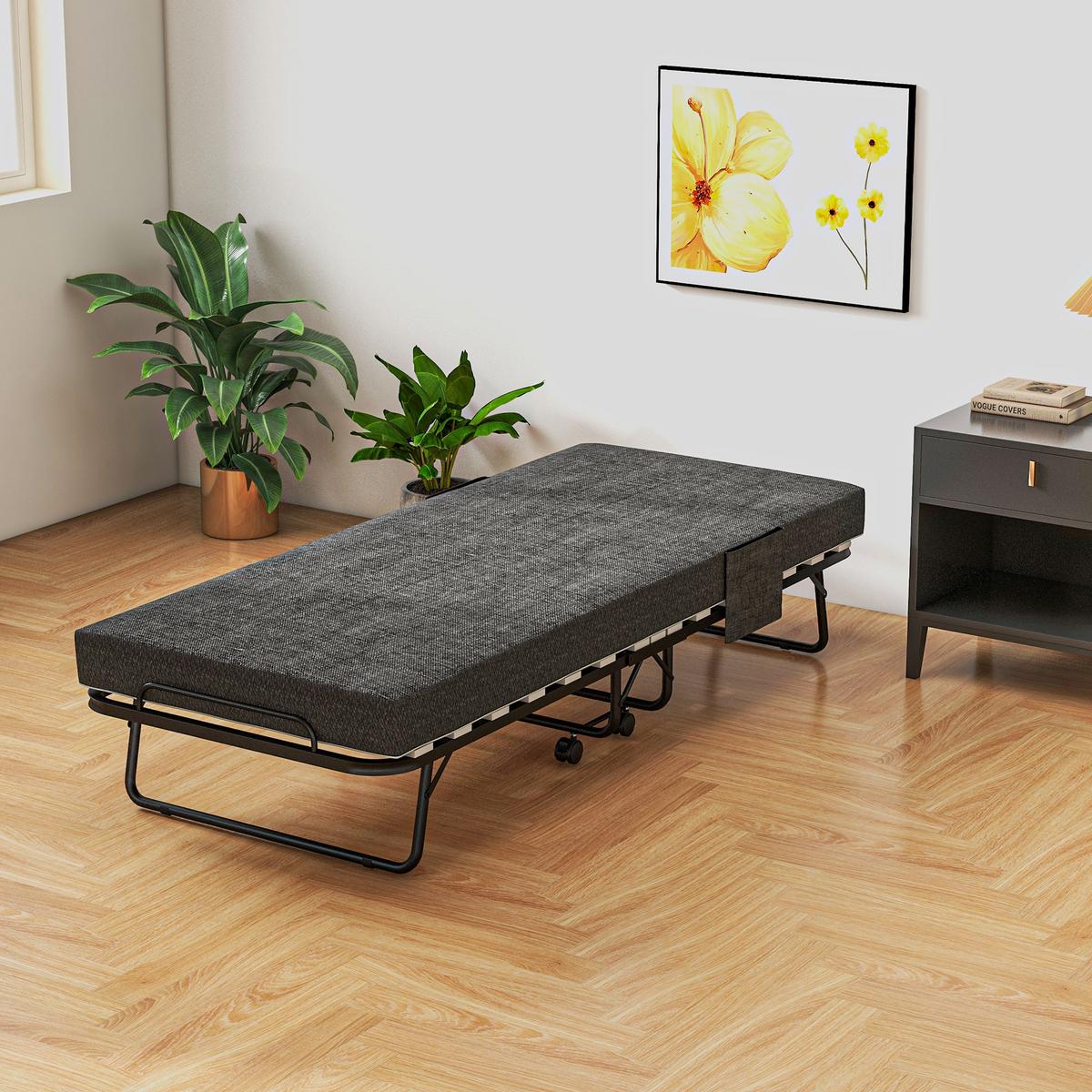 KLAPPBETT Gästebett mit Rollen, 10 cm Matratze, Abdeckung, Seitentasche, Grau - Dunkelgrau, Kunststoff - HOMCOM
