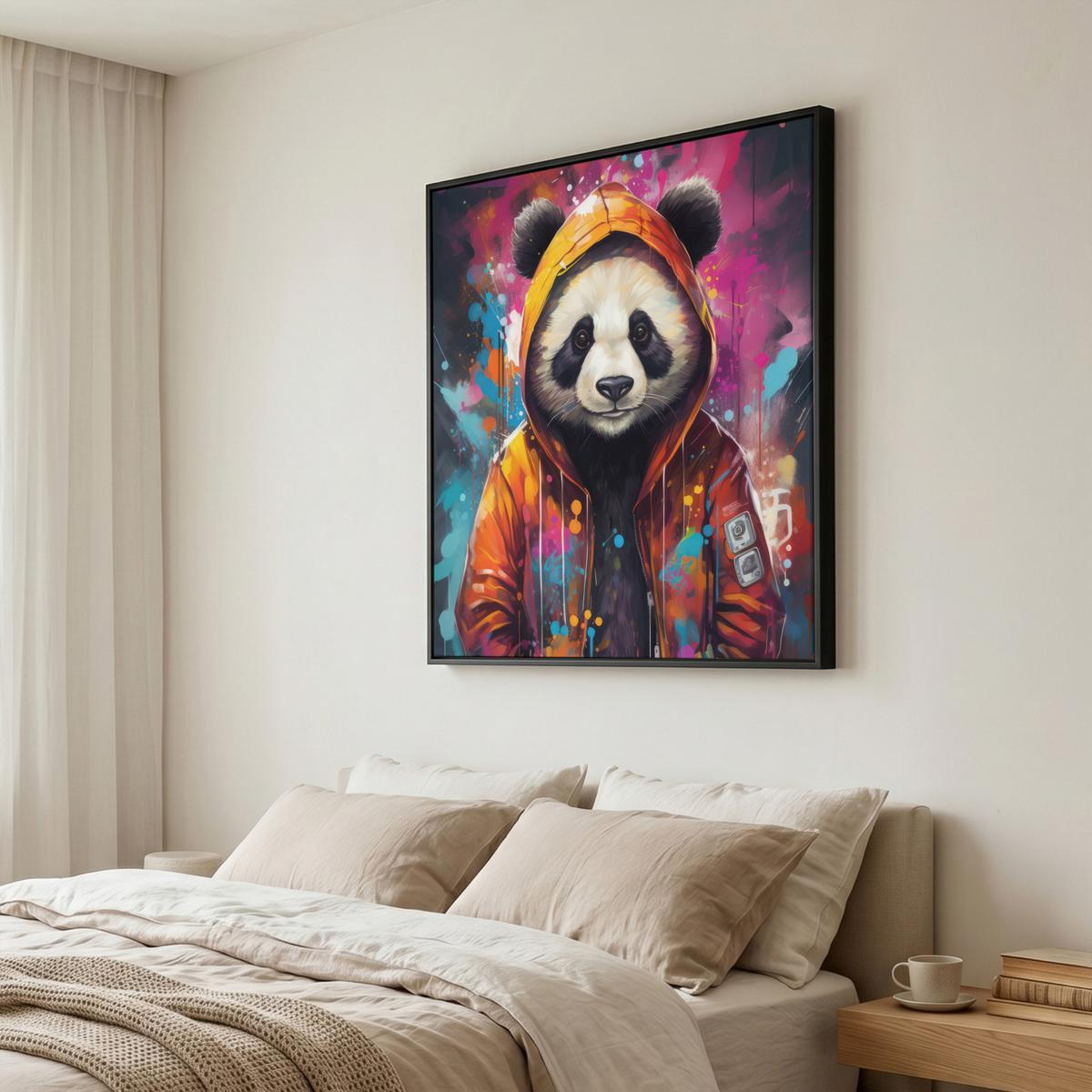 LEINWAND Bilder mit Rahmen - Panda - Jacke - Graffiti - Orange - 90x90 - Orange, Textil (90/90cm) - MuchoWow