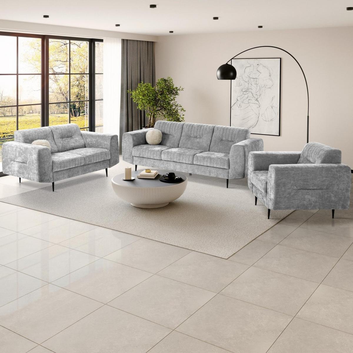 SITZGARNITUR Venezia mit Metallbeinen, hellgrau - Hellgrau/Schwarz, Holzwerkstoff/Metall (233/85/94cm) - Beautysofa