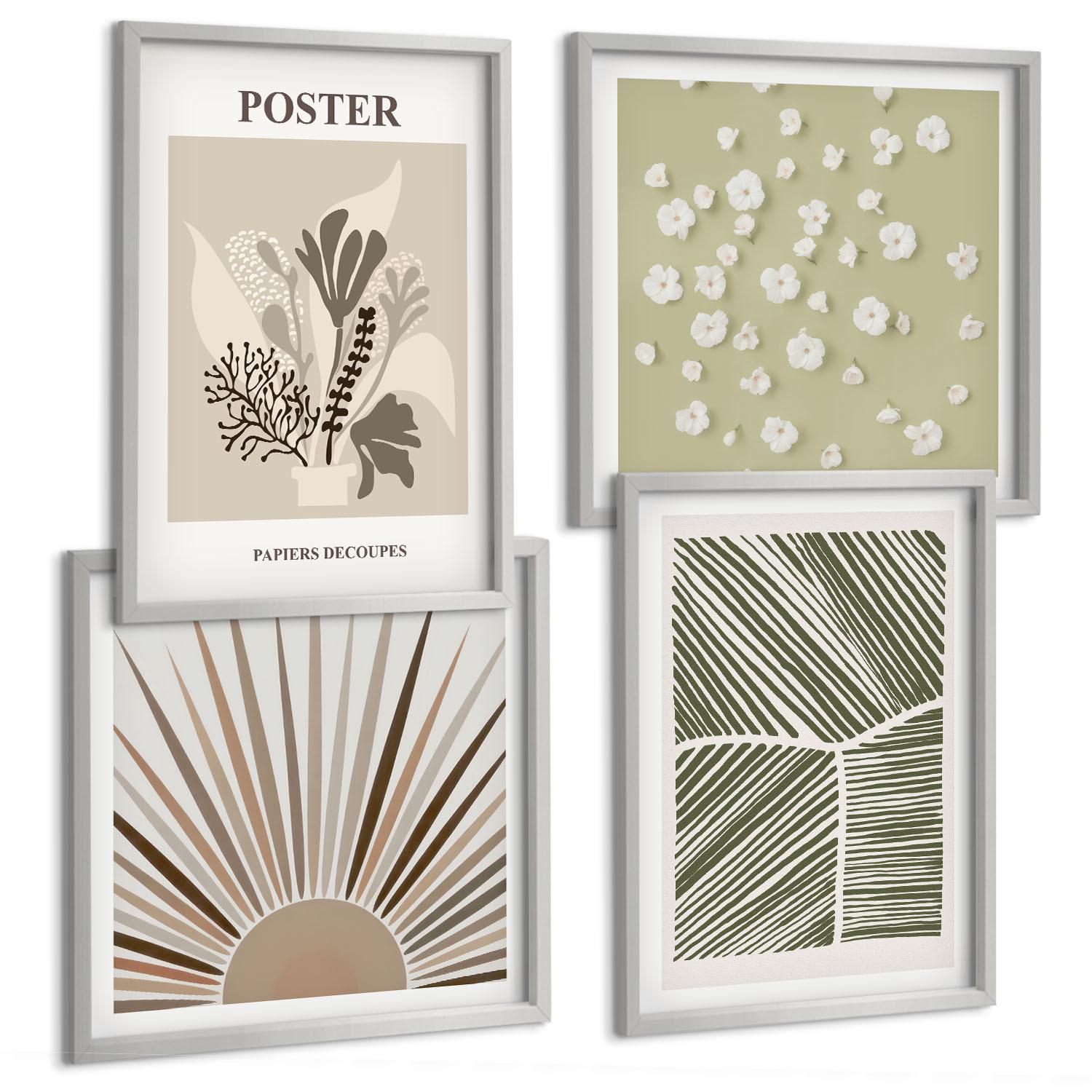 BILDER SET 4er Set - 50x50 cm & 40x60 cm Silberner Rahmen - Pflanzenmotive in gedeckten Farben - Silberfarben, Kunststoff (50/50cm) - TULUP