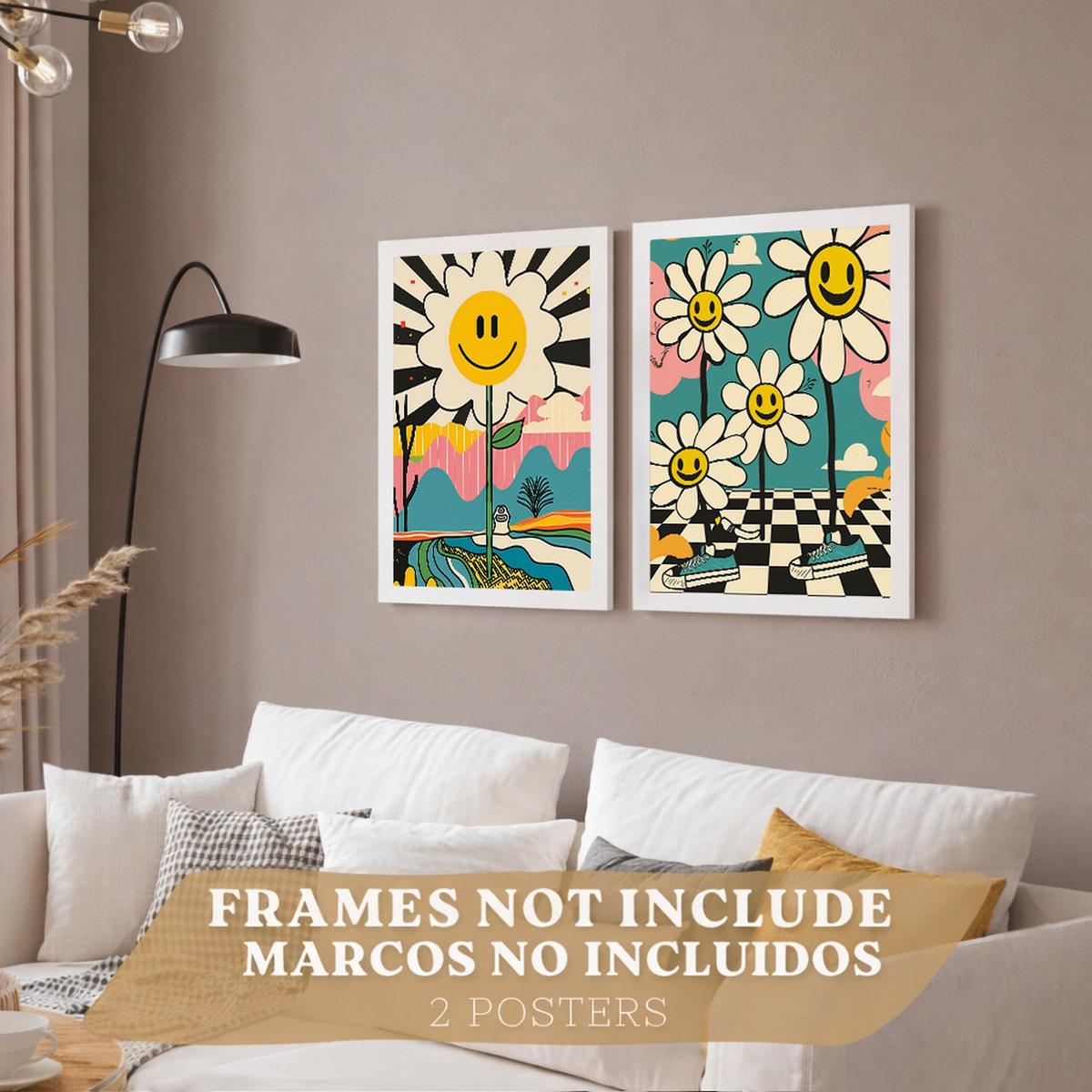POSTER 4er Kunstdruck-Set Wandbilder Smiley Blume modern Wohnzimmer Deko, Schlafzimmer, Küche, Badezimmer Rahmenlos A3 - Klar, Papier (29.7/1/42cm) - Nacnic