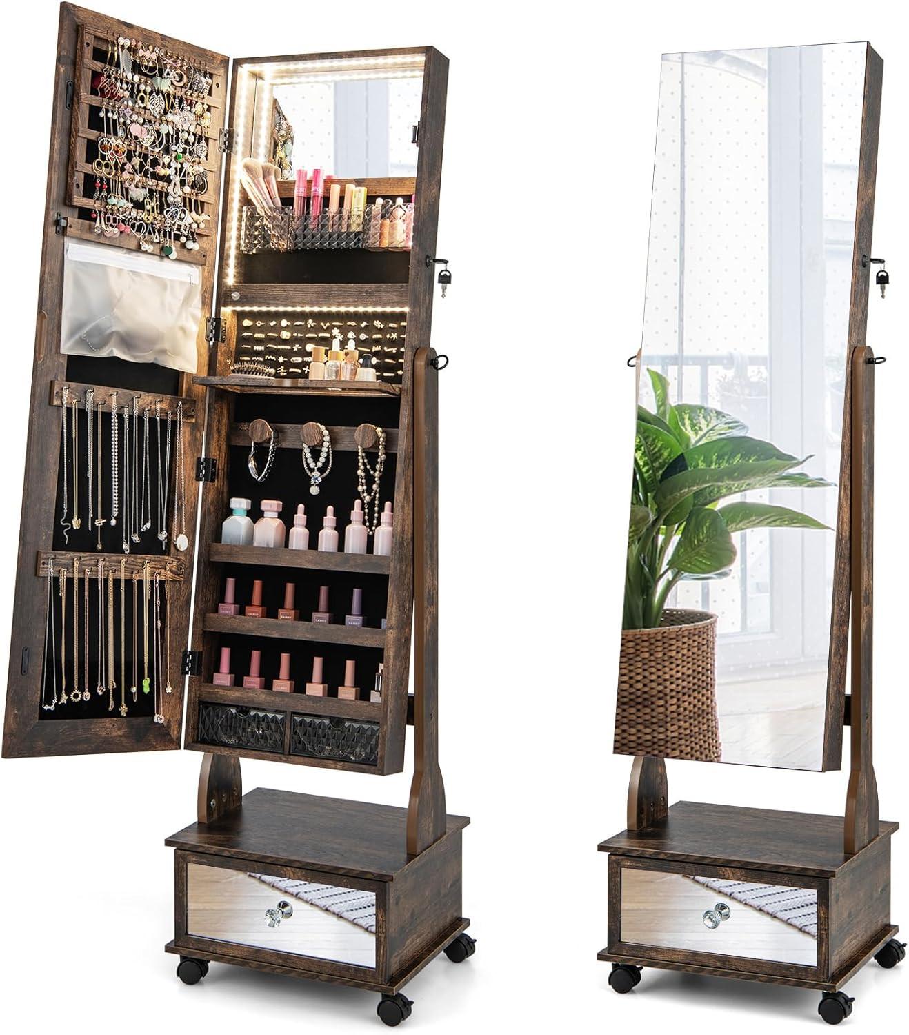 SCHMUCKSCHRANK mit 3 Spiegeln Rustikales Braun - Wildeiche, Glas (42/159/35cm) - COSTWAY