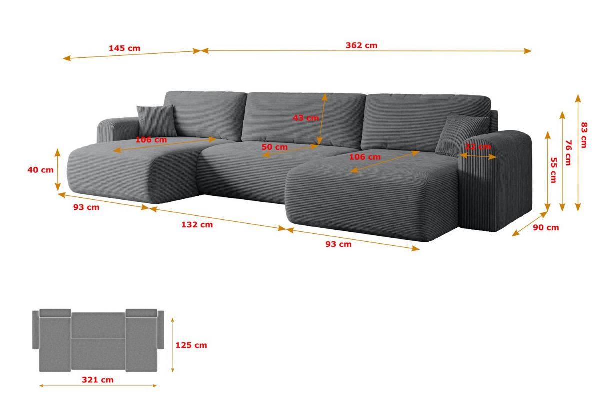 WOHNLANDSCHAFT mit Schlaffunktion und Bettkasten ORRO-U - 362x145x83 cm Dunkelgrau Cord - Dunkelgrau/Schwarz, Holzwerkstoff/Kunststoff (362/83/145cm) - ALTDECOR