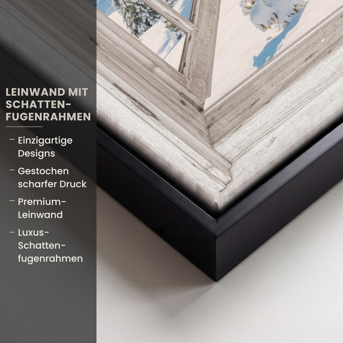 LEINWAND Bilder mit Rahmen - Winterlandschaft - Hütte - Berge - Ausblicke - Aussicht - Natur - 60x80 - Weiß Hochglanz, Textil (60/80cm) - MuchoWow