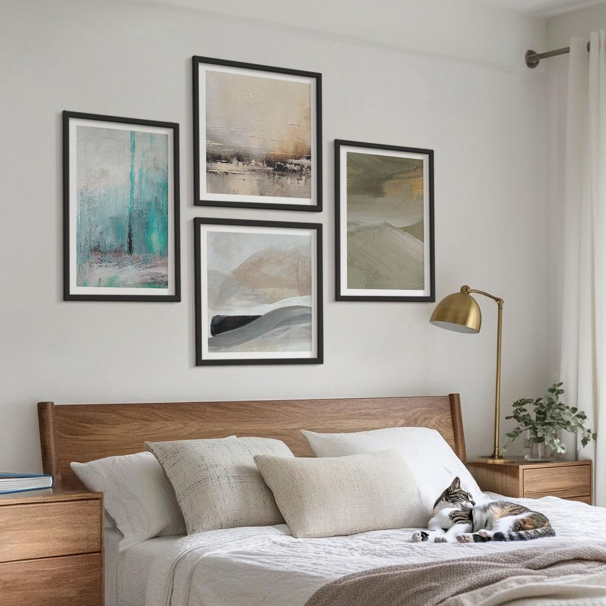 BILDER SET 4er Set - 50x50 cm & 40x60 cm Schwarzer Rahmen - Gemalte abstrakte Dekorationen - Schwarz, Kunststoff (50/50cm) - TULUP