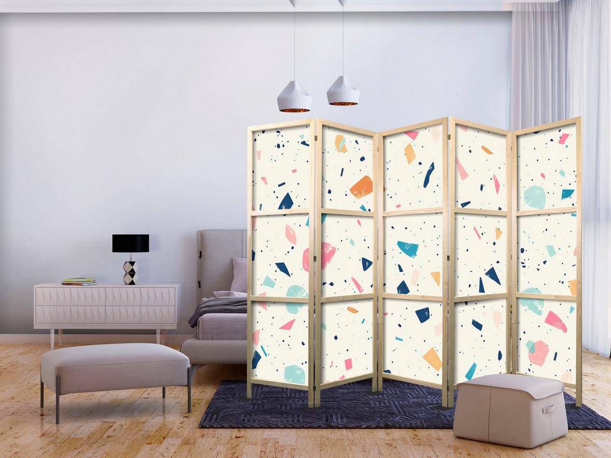 PARAVENT Japanischer 5-tlg 225x172 cm Farbiger Terrazzo Muster - Multicolor, Holz/Textil (225/172/3cm) - Muralo