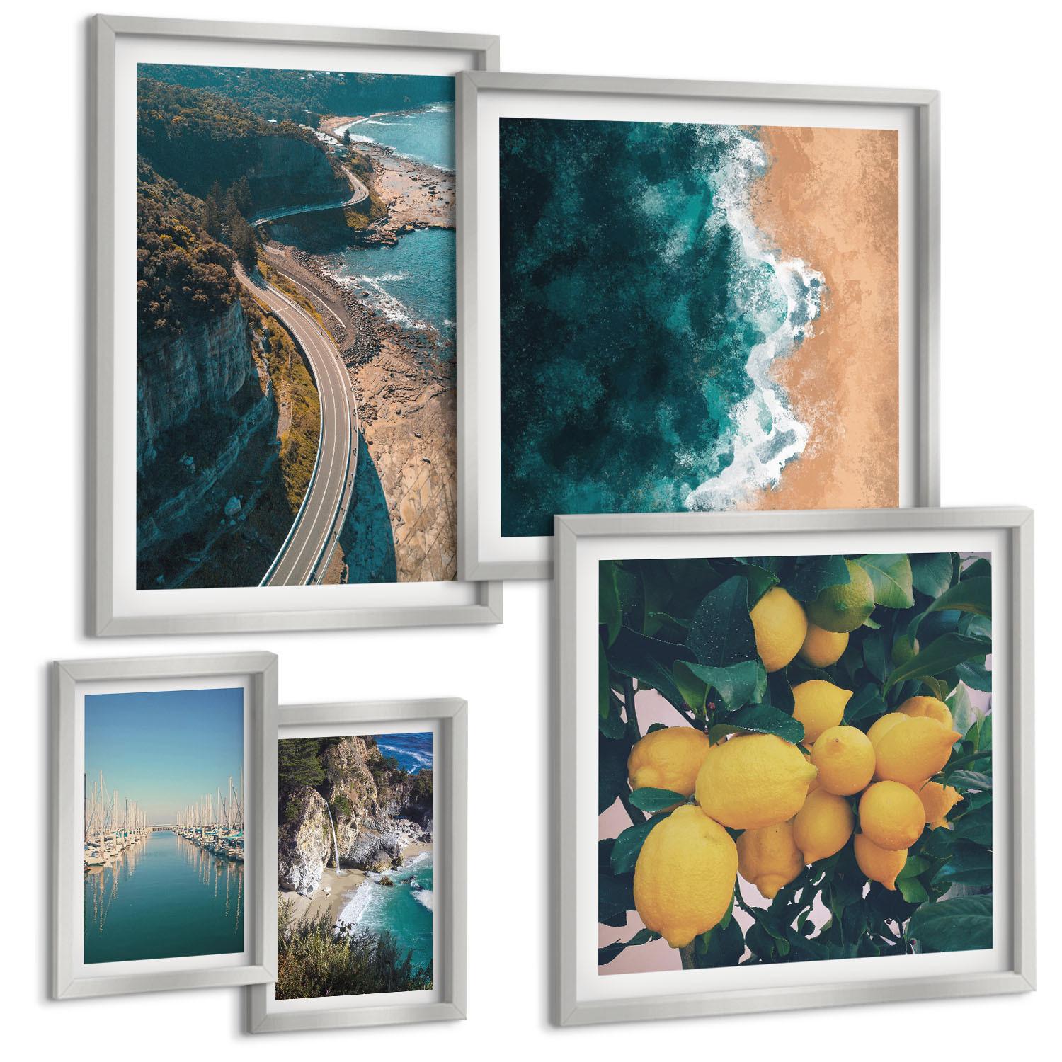 BILDER SET 5er Set - 50x50 cm & 20x30 cm & 40x60 cm Silberner Rahmen - Straßen am Meer, ein Meer aus Zitronen - Silberfarben, Kunststoff (40/60cm) - TULUP