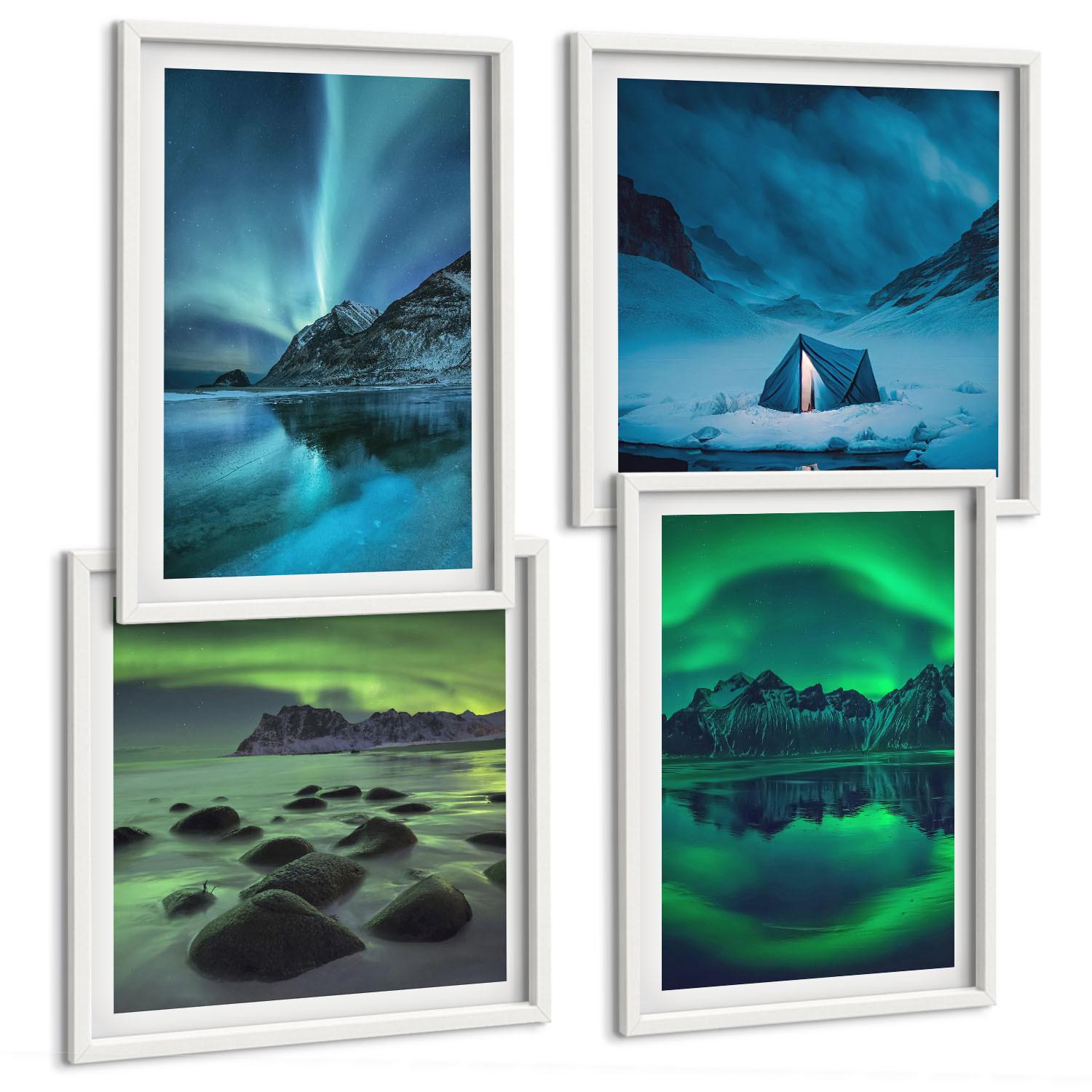 BILDER SET 4er Set - 50x50 cm & 40x60 cm Weißer Rahmen - Winterlandschaft mit Nordlichtern - Weiß, Kunststoff (50/50cm) - TULUP