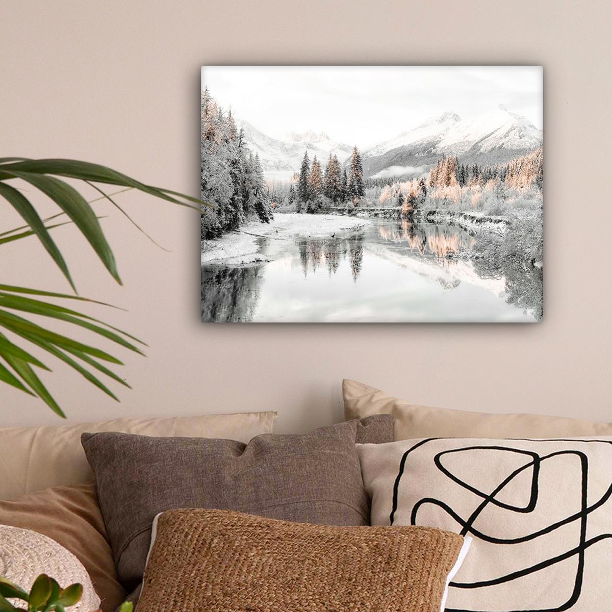 LEINWANDBILD Natur - Winter - Bäume - Berge - Schnee Wandbild 40x30 cm - Weiß Hochglanz, Textil (40/30cm) - MuchoWow