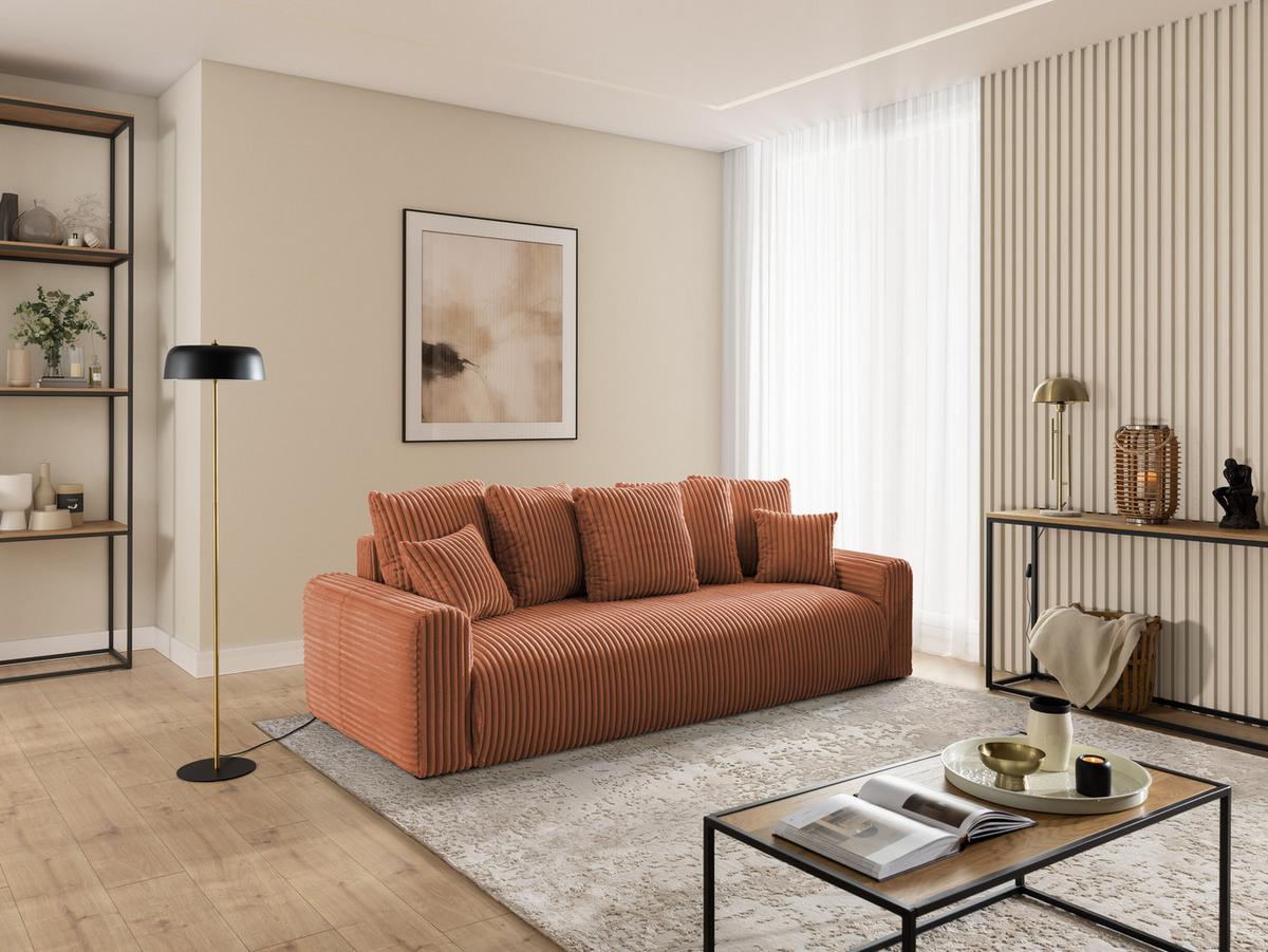 SCHLAFSOFA Calma mit Bettkasten im Bumpy-Design aus weichem Terrakotta Plüschcord - Terracotta/Schwarz, Holz/Kunststoff (239/88/98cm) - S-Style