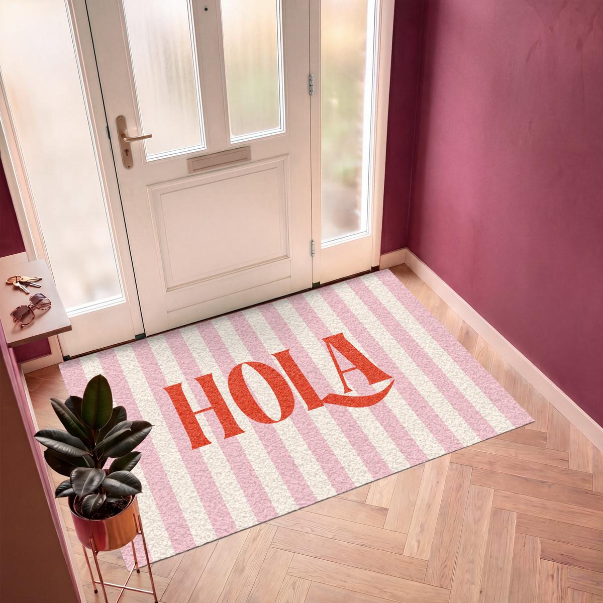 FUSSMATTE Hola - Zitat - Streifen - Pastell - Rosa - Rot - Weiß Schmutzfangmatte 180x120 cm - Rosa, Kunststoff (180/0.4cm) - MuchoWow