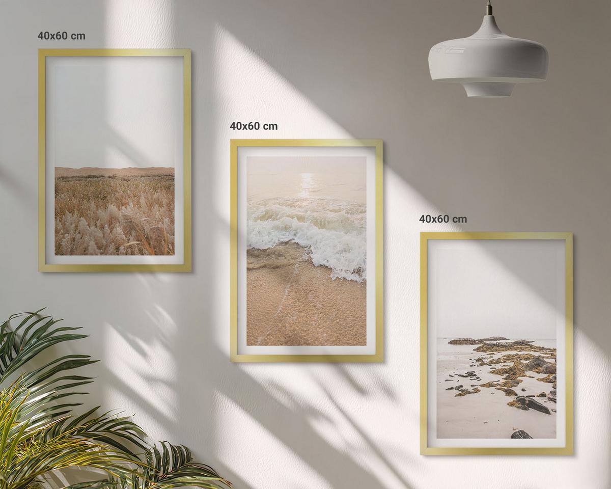 BILDER SET 3er Set - 40x60 cm Goldrahmen - Strandwellen, Steine, Sommer - Goldfarben, Kunststoff (40/60cm) - TULUP