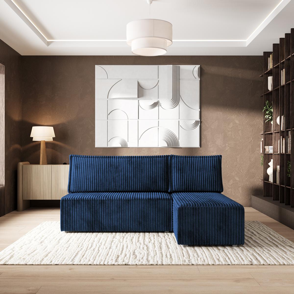 ECKSOFA BRISO T Blau Kordstoff mit Schlaffunktion - Blau/Grau, Holz/Kunststoff (200/140cm) - MASSENO