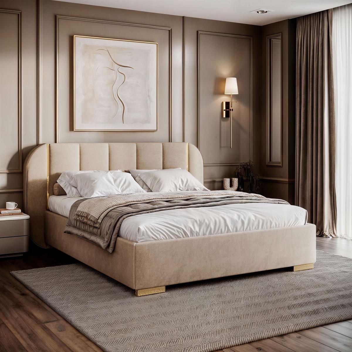 BETT AMARA GOLD 180x200 gepolstert mit Stauraum und Lattenrost, Royal Velvet 170 - Beige, Textil (180/200cm) - Lookway