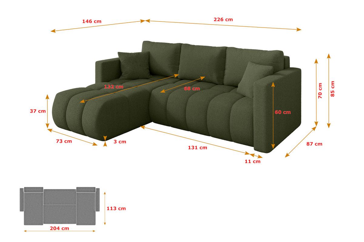 ECKSOFA mit Schlaffunktion Ottomane Links GARD-L 226x146x85 Grün Bouclé - Schwarz/Olivgrün, Holzwerkstoff/Kunststoff (226/146cm) - ALTDECOR