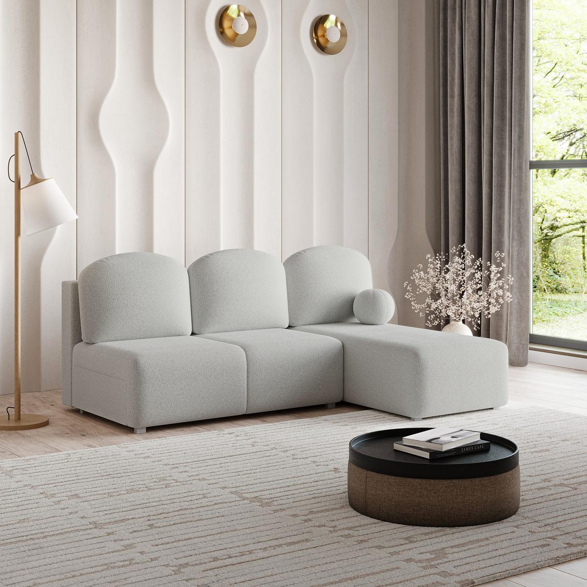 ECKSOFA TRAMA Hellgrau Boucle-Stoff mit Schlaffunktion - Hellgrau, Holz (200/143cm) - MASSENO