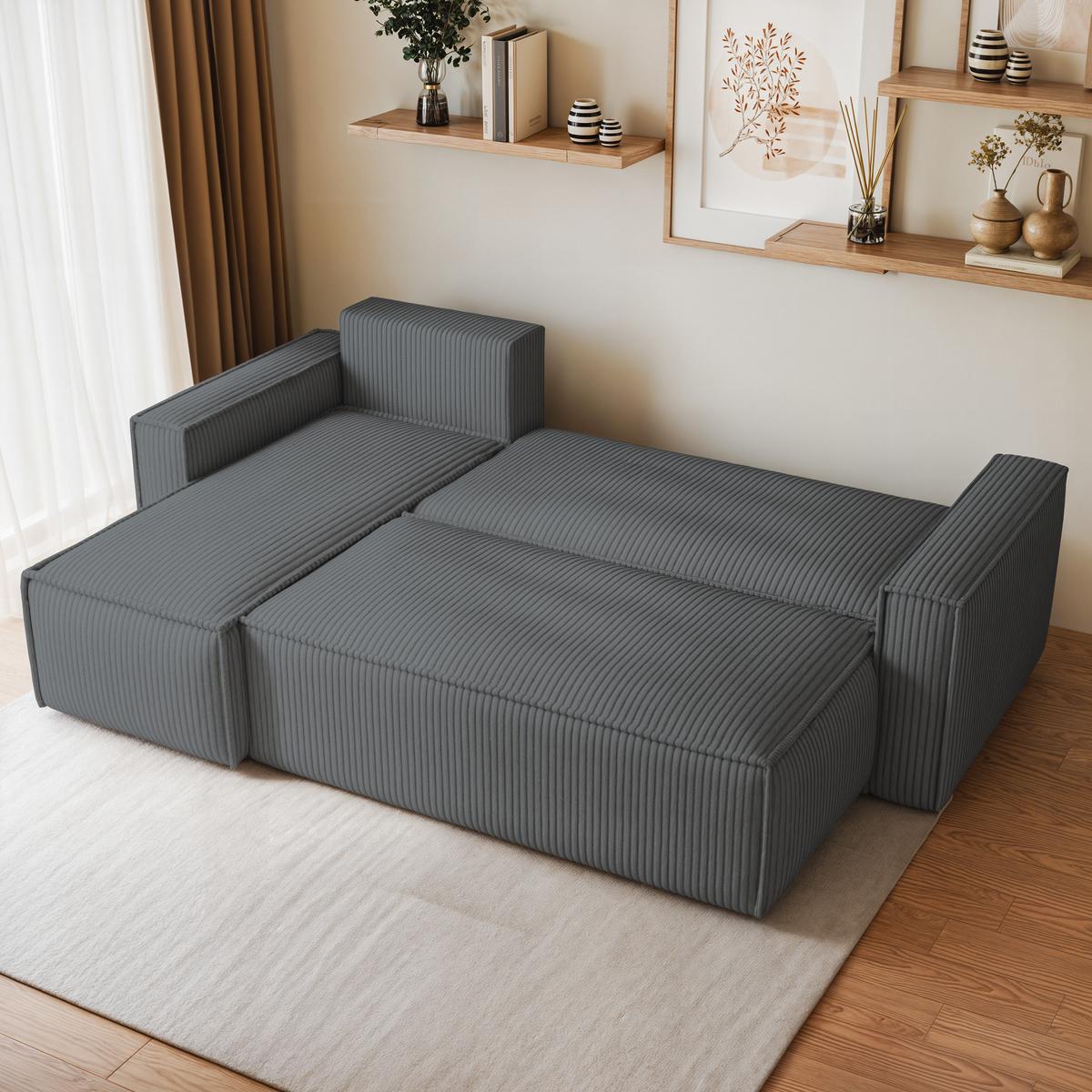 ECKSOFA RAVELO P Grau Kordstoff mit Schlaffunktion - Grau, Holz/Kunststoff (240/140cm) - MASSENO