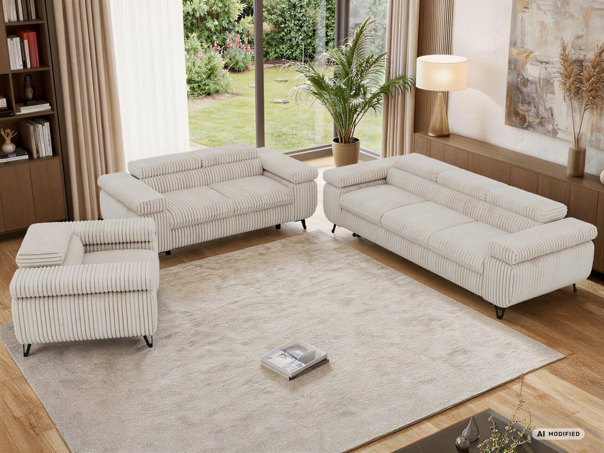 SITZGARNITUR PETER 1+2+3 mit Schlaffunktion - Beige Cord - Beige/Creme, Textil/Metall (262/76/99cm) - MKS