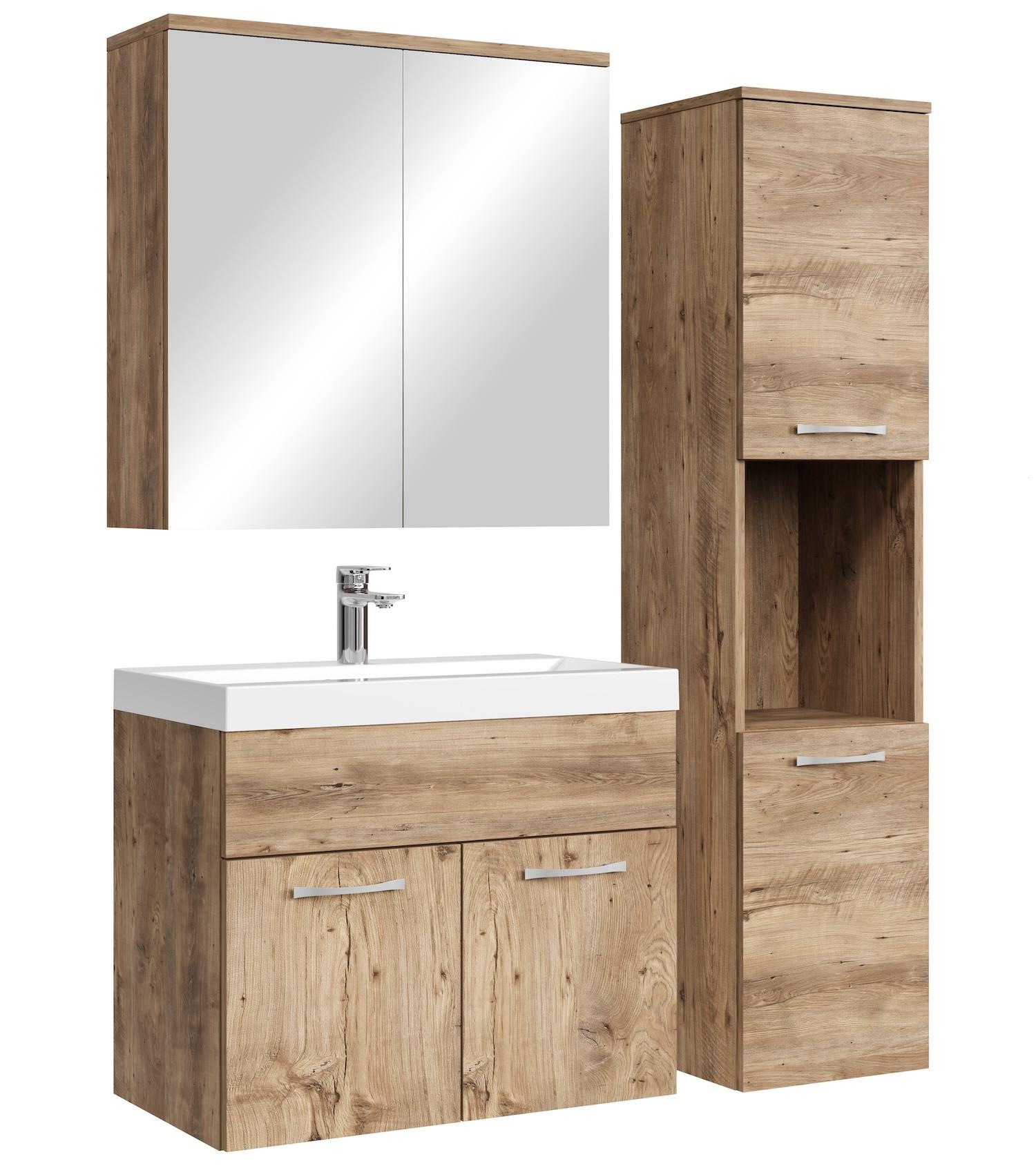 BADMÖBEL-SET Montreal 4 Teile Spiegelschrank Kastanien Eiche - 60 x 35 x 51 cm - Kastanienfarben/Eichefarben, Holz (60/51/35cm) - Badplaats