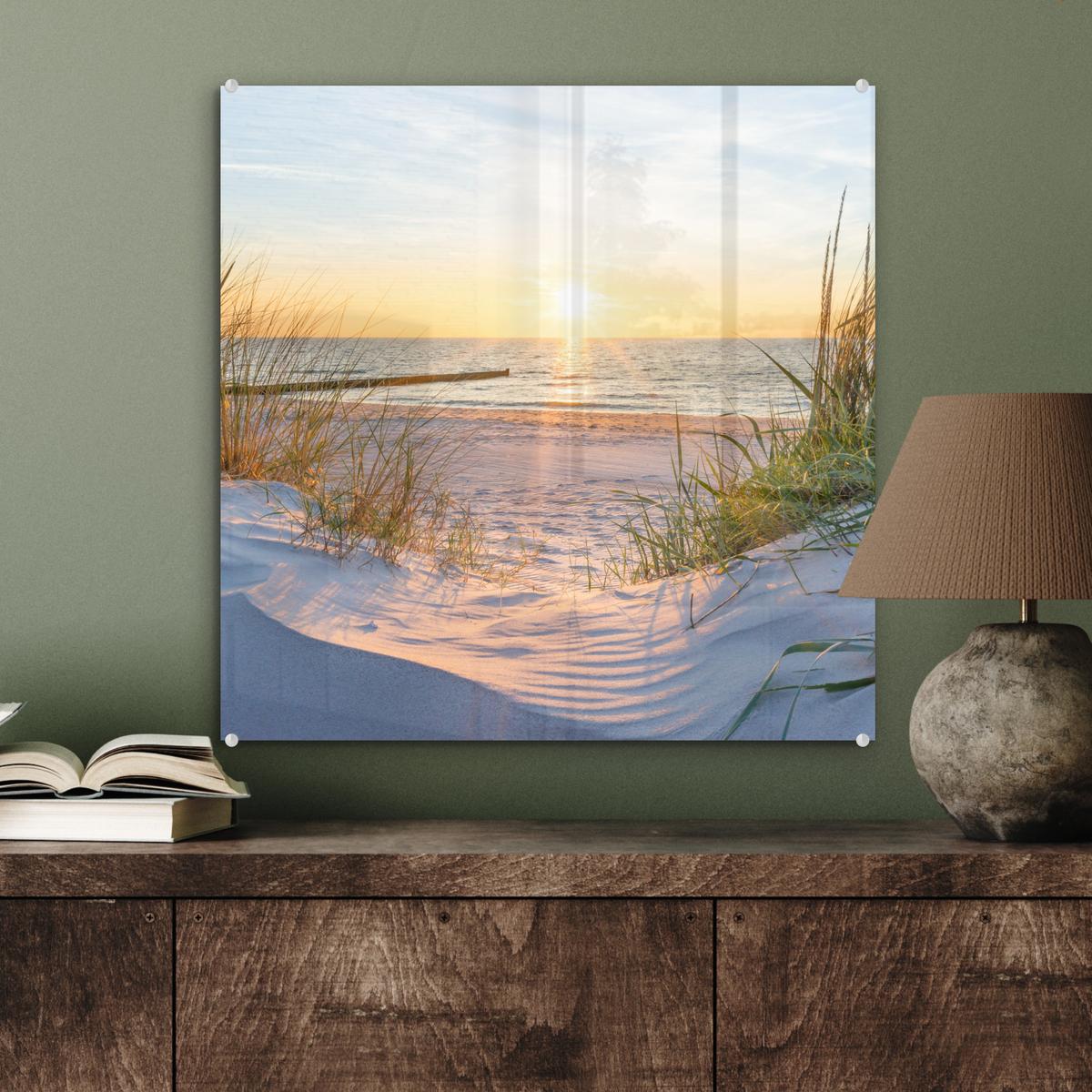 ACRYLGLASBILD Strand - Sonne - Düne - Gras - Sand - Horizont 50x50 cm - Hellblau, Glas (50/50cm) - MuchoWow