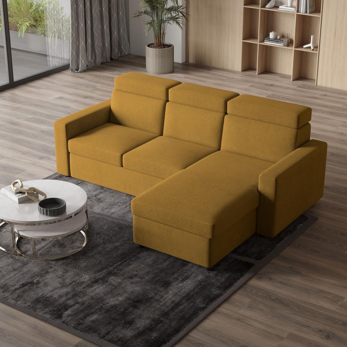 ECKSOFA PADWA Gelb Kordstoff mit Schlaffunktion - Gelb/Schwarz, Holz/Kunststoff (227/168cm) - MASSENO