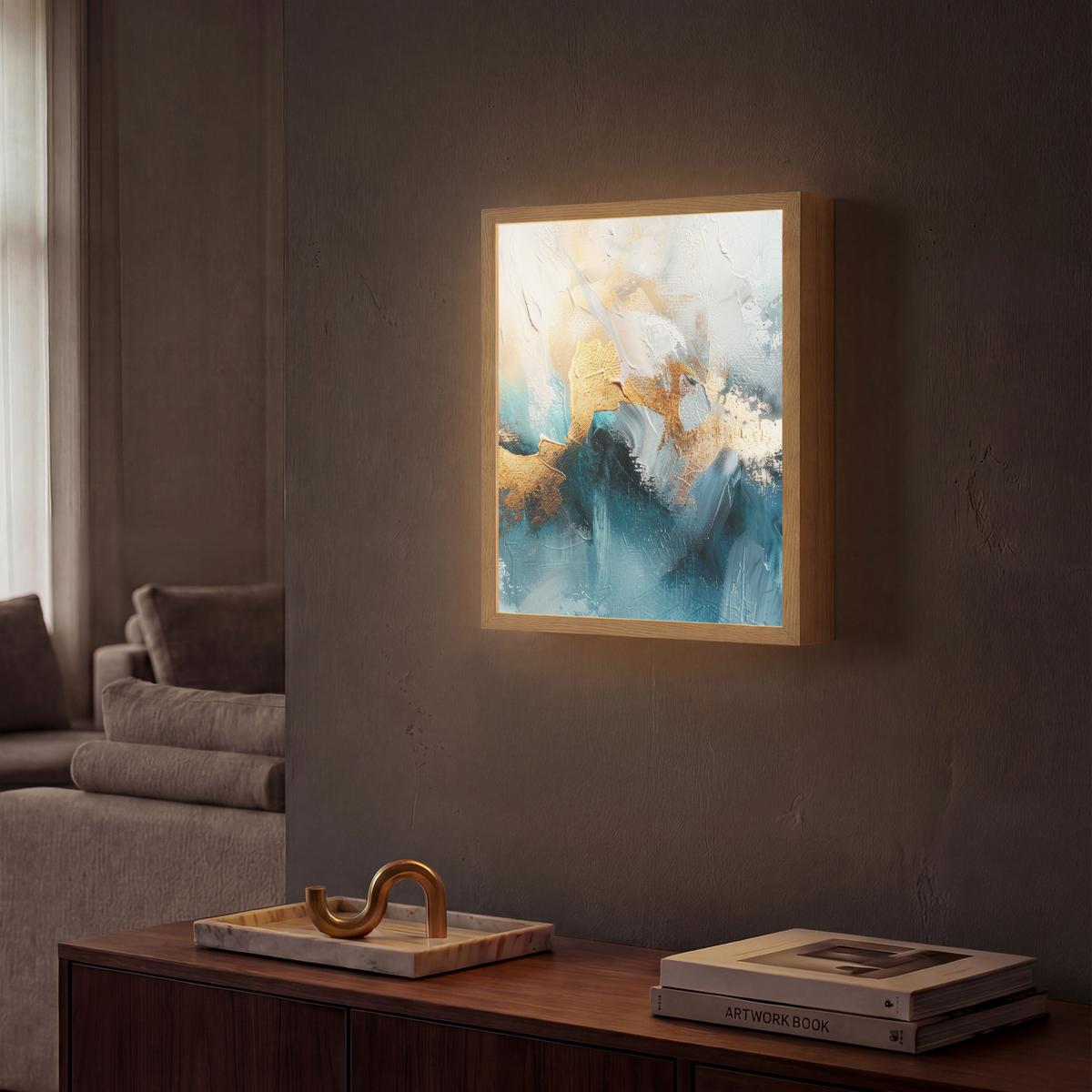 WANDLEUCHTE MIT AKKU Abstrakt - Kunst - Gold - Blau 30x40 cm - Türkis, Holzwerkstoff (30/40/8cm) - OnlyWow