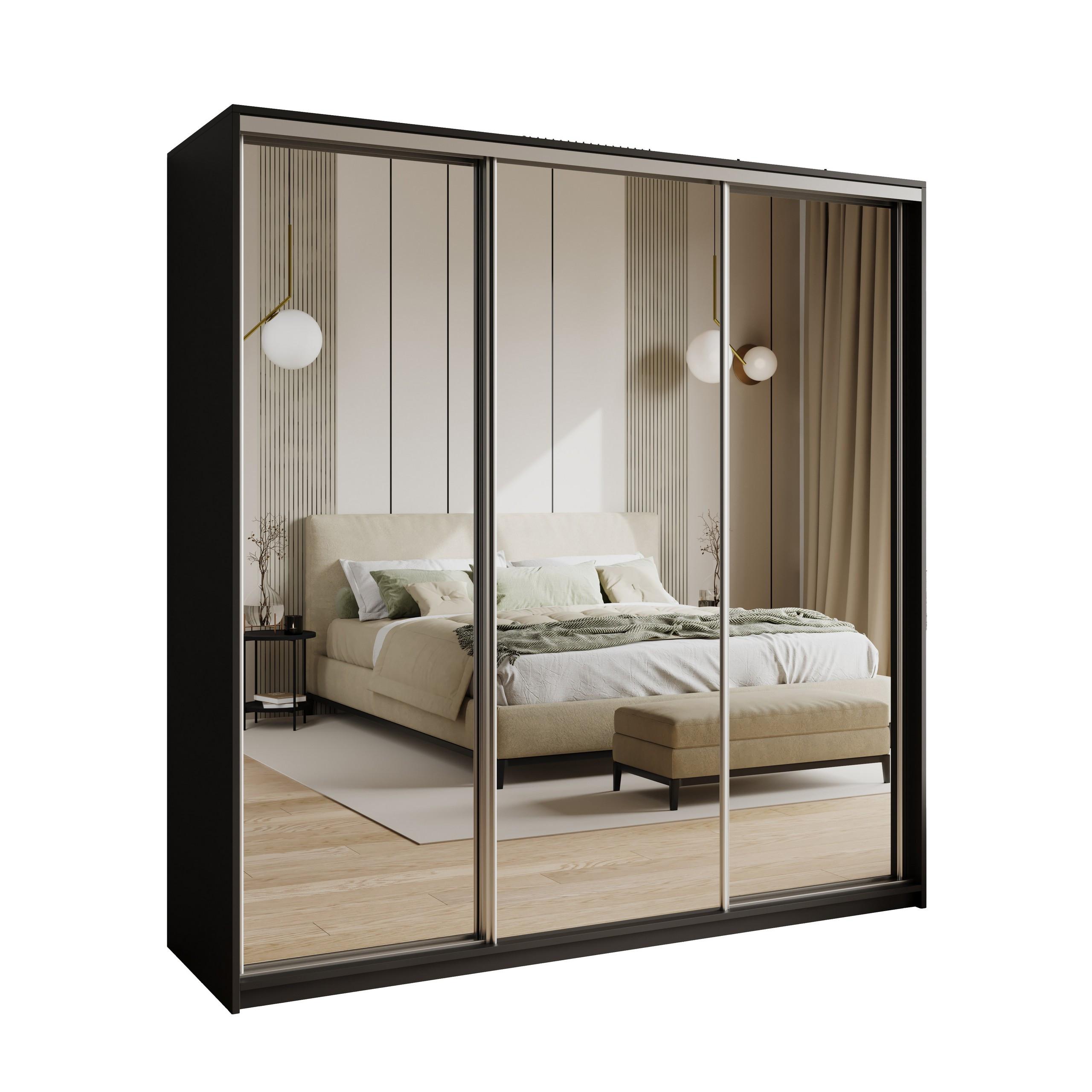 SCHWEBETÜRENSCHRANK RIEN 200/205/60 cm 3-türig mit Spiegel Schwarz - Schwarz, Holzwerkstoff (200/205/60cm) - MASSENO