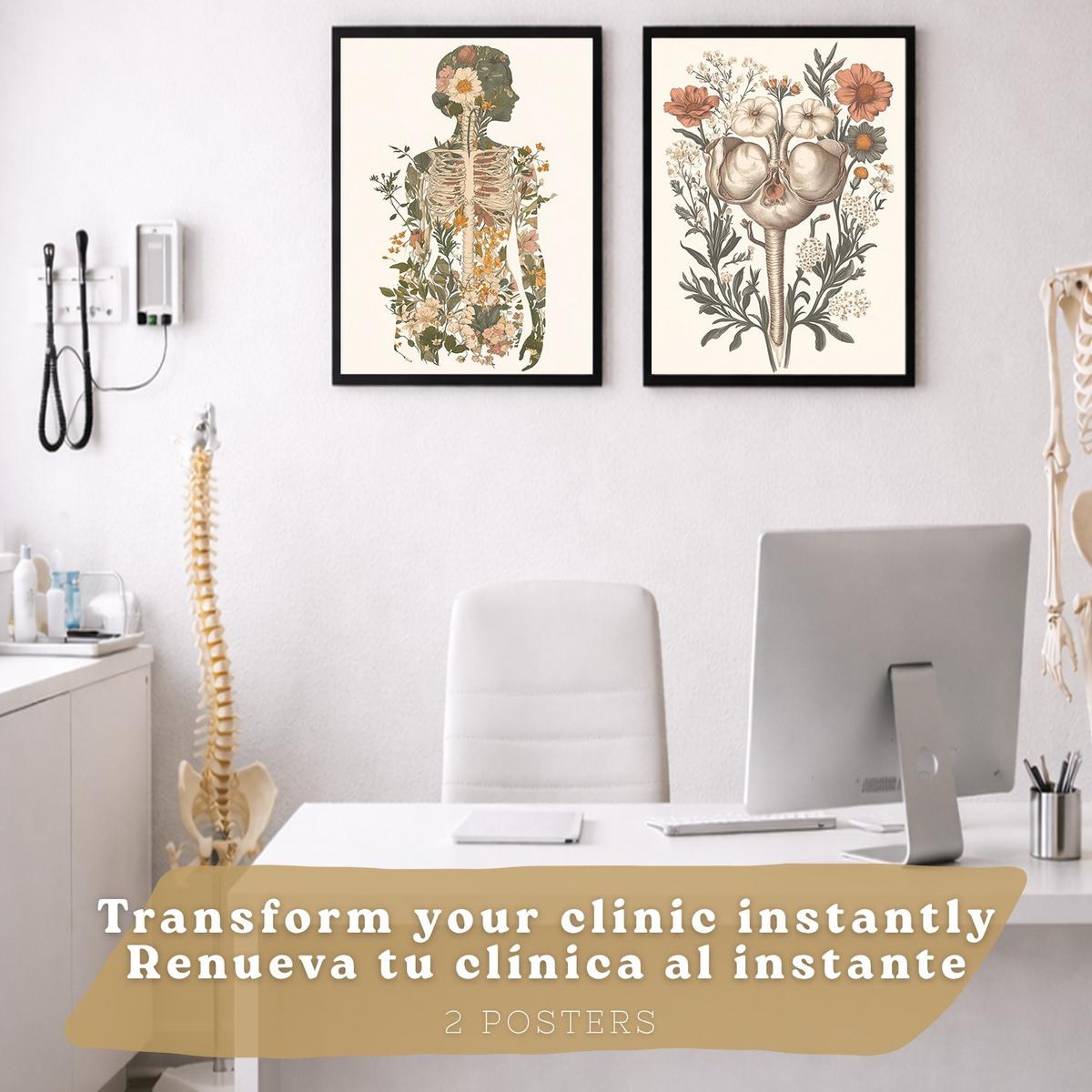POSTER Set aus 2 Anatomie Mensch Drucke und Wandbilder mit Weiblicher Silhouette und Fortpflanzungssystem Botanischer Stil Größe Schwarzer Rahmen A4 - Schwarz, Papier (21/29.7/3cm) - Nacnic