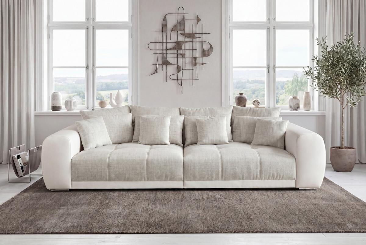 BIG-SOFA Federkern B306/T134/H86 cm, Liegefläche 120x240 cm, Korpus Kunstleder Weiß+Bezug Web-Strukturstoff Grau Beige / 15113 - Chromfarben/Greige, Kunststoff/Textil (306/86/134cm) - luma-home