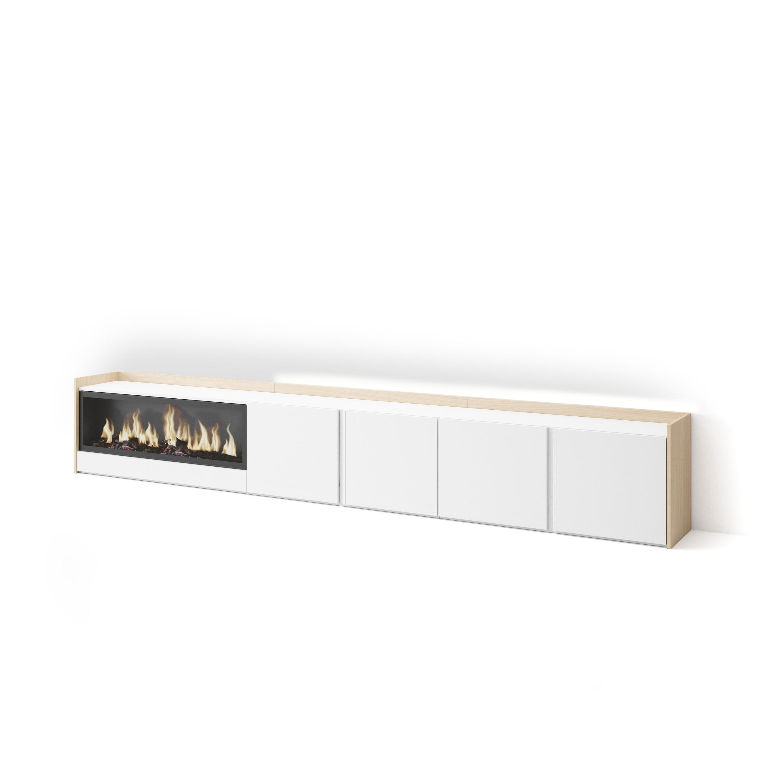 LOWBOARD, Weiß und Eiche, 315/35/50cm, Kamin mit Feuereffekt XXL - Weiß, Holzwerkstoff (315/50/35cm) - Skraut Home