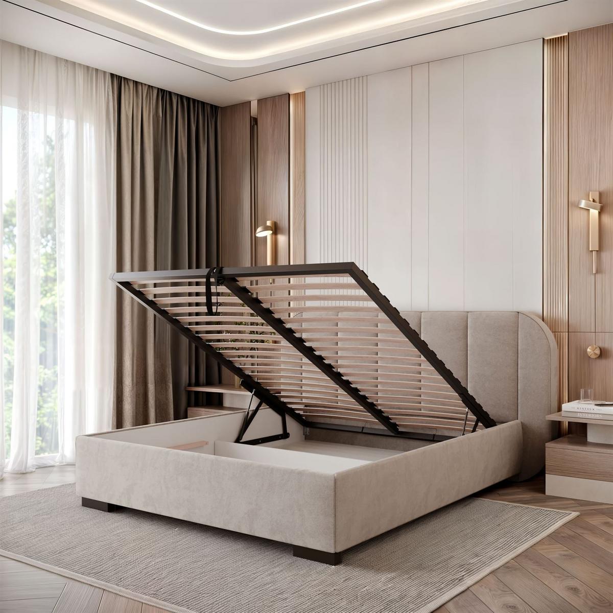BETT AMARA 160x200 gepolstert mit Stauraum und Lattenrost, Royal Velvet 180 - Taupe, Textil (160/200cm) - Lookway