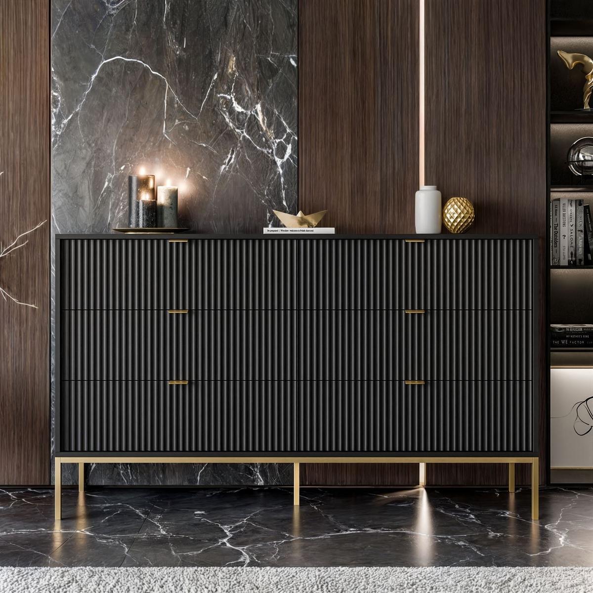 SIDEBOARDS CORTADO GOLD KS154 MIT SCHUBLADEN SCHWARZ - Schwarz, Holzwerkstoff (154/91/39cm) - Lookway