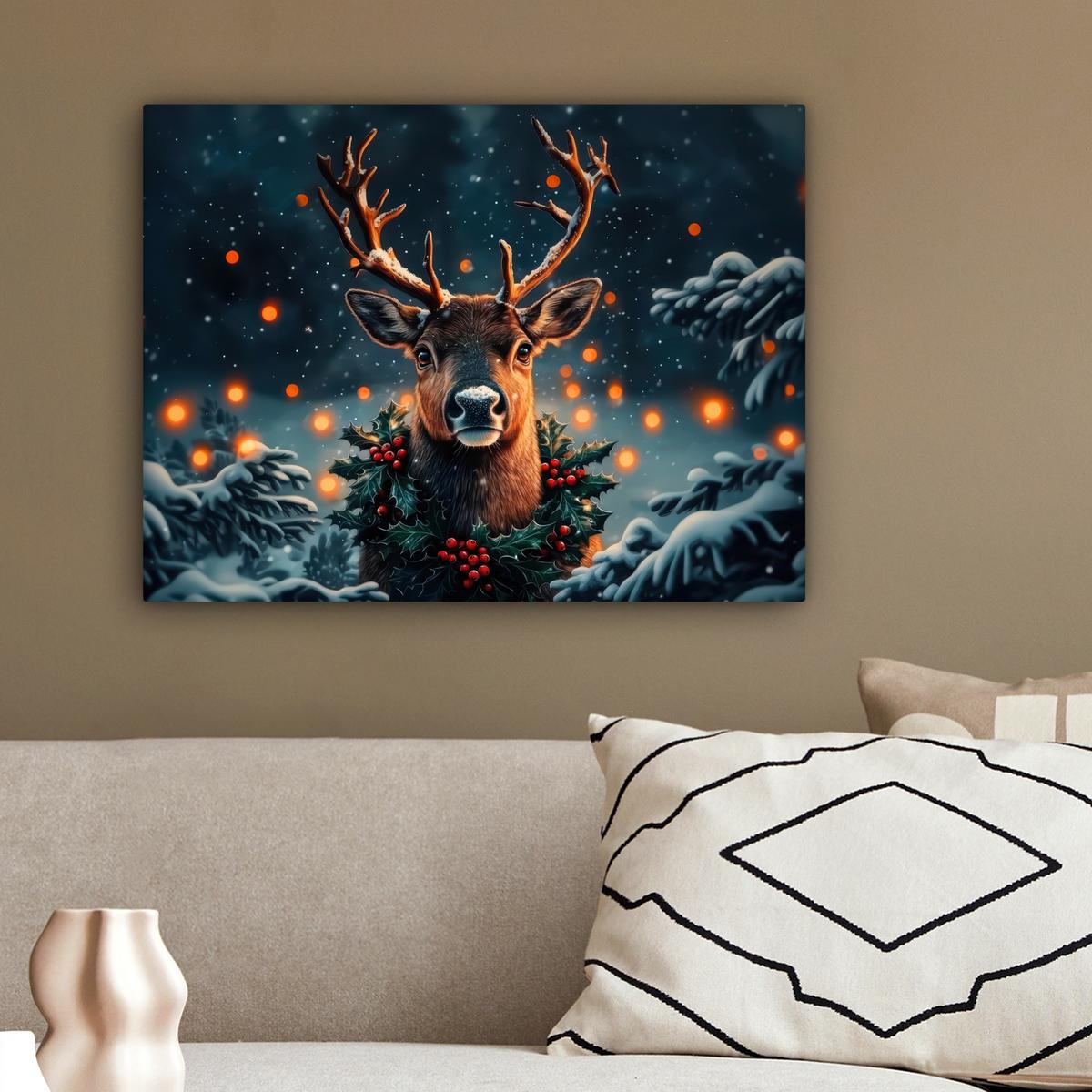 LEINWANDBILD Hirsch - Weihnachten - Winter - Schnee - Weihnachtskranz Wandbild 40x30 cm - Dunkelbraun, Textil (40/30cm) - MuchoWow