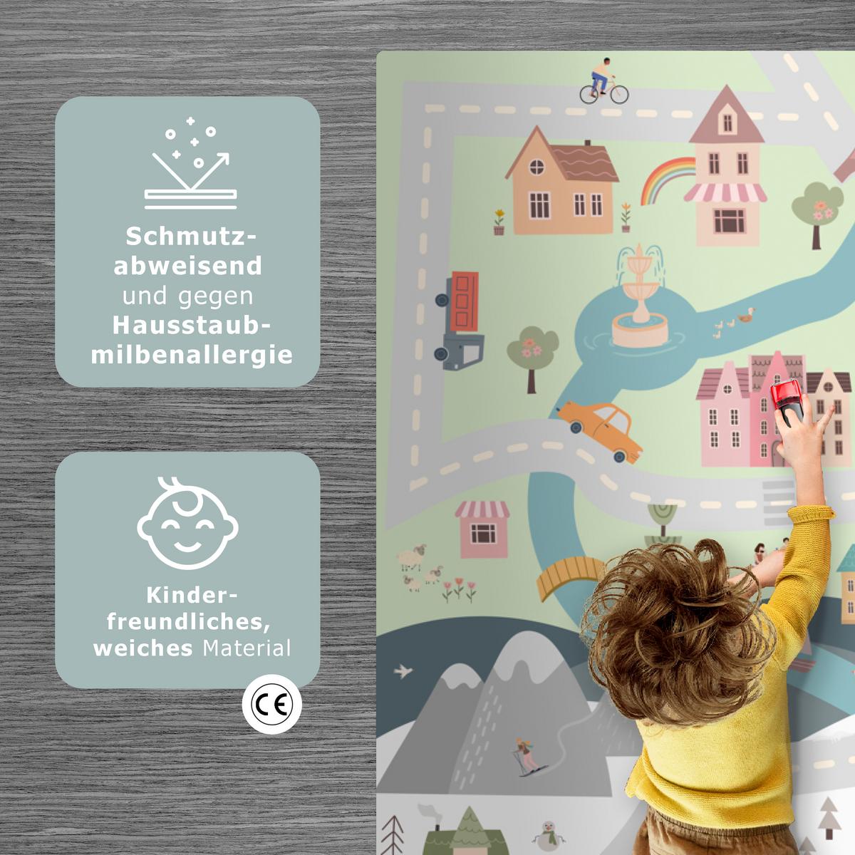 KINDERTEPPICH Jahreszeiten - Stadt - Häuser - Straße - Kinder - Auto Spielteppich 180x120 cm - Multicolor, Kunststoff (180/0.3cm) - OnlyWow