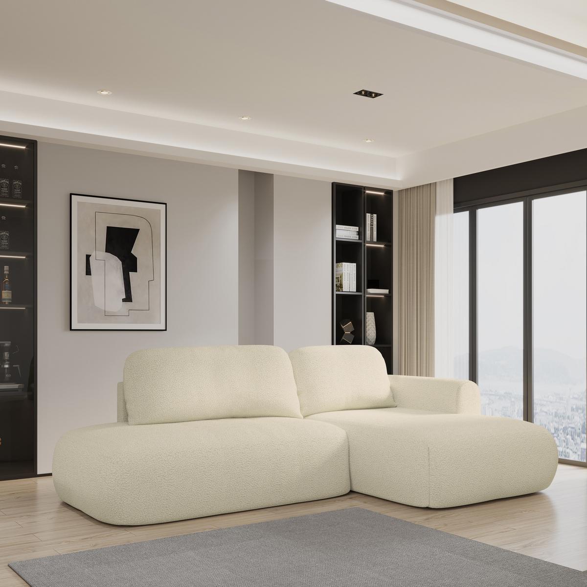 ECKSOFA NUVIRA R-S Creme Boucle-Stoff mit Schlaffunktion - Creme, Holz (279/158cm) - MASSENO