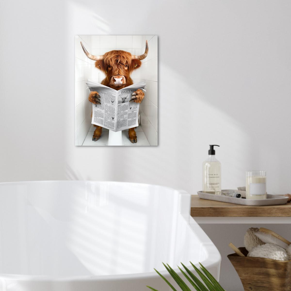 LEINWANDBILD Schottischer Highlander - Tier - Zeitung - Toilette Room Decor 30x40 cm - Kastanienfarben, Textil (30/40cm) - MuchoWow