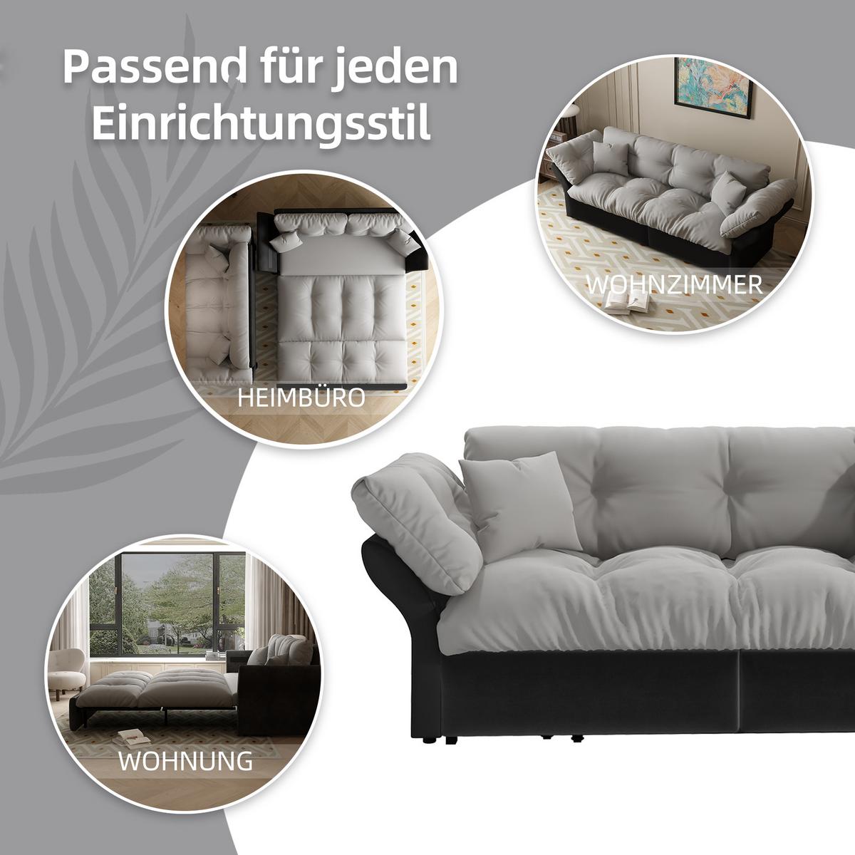 SCHLAFSOFA aus Velours im Tufting-Design, 3-in-1 Funktion und Queen-Size Bett - Hellgrau, Textil (190/91/85cm) - Urban Meuble