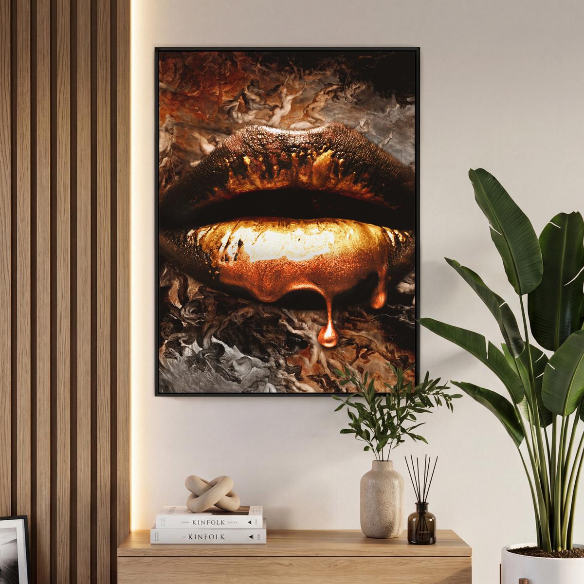 LEINWAND Bilder mit Rahmen - Gold - Lippen - Kunst - Gold - Luxus - Abstrakt - 70x100 - Kupferfarben, Textil (70/100cm) - MuchoWow