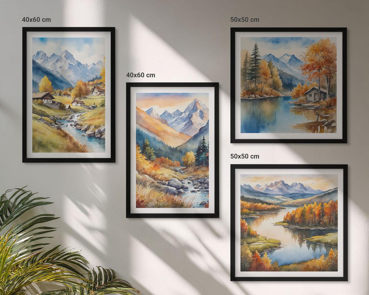 BILDER SET 4er Set - 50x50 cm & 40x60 cm Schwarzer Rahmen - Herbstliche Naturlandschaften - Schwarz, Kunststoff (50/50cm) - TULUP