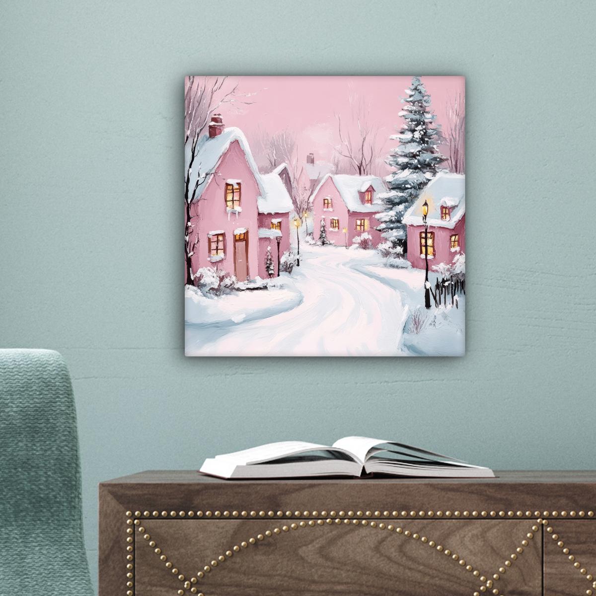 LEINWANDBILD Weihnachtsdorf - Rosa - Winter - Schnee - Häuser Deko Wohnzimmer 20x20 cm - Altrosa, Textil (20/20cm) - MuchoWow